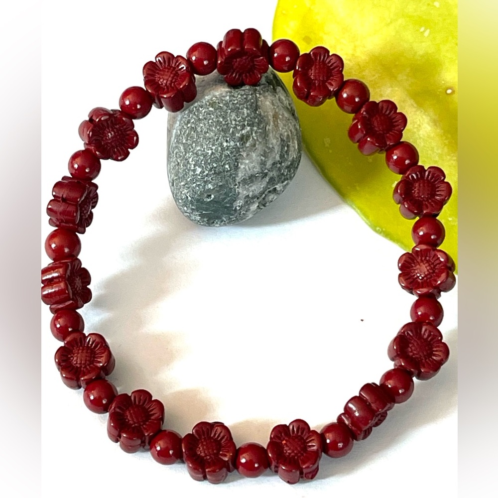 Cinnabar Flower Bracelet Stretchy Beaded Bracelet Crystal Gemstone
